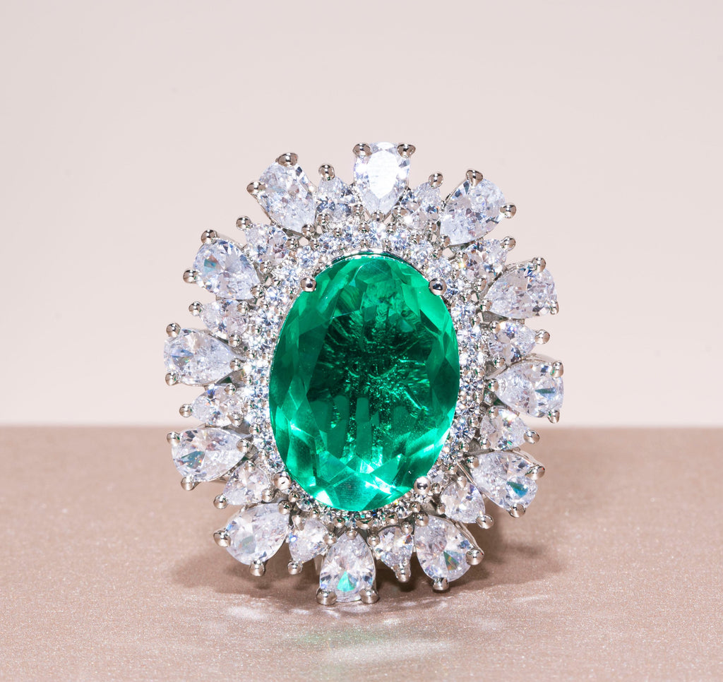 Nouf Emerald Green White Gold Indian Jewelry Cocktail Ring by Jaipur Rose - Jaipur Rose