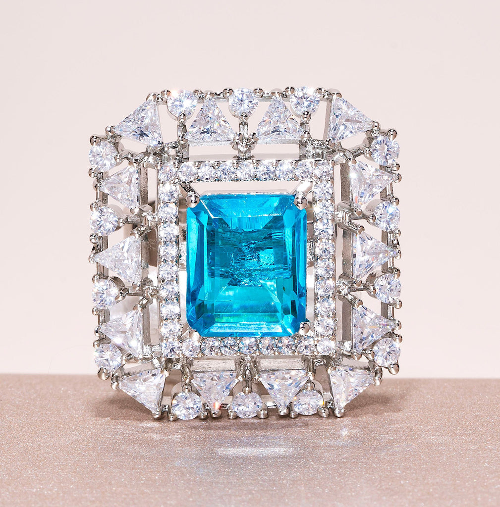Aria Doublet Aqua Blue White Gold Indian Jewelry Cocktail Ring by Jaipur Rose - Jaipur Rose