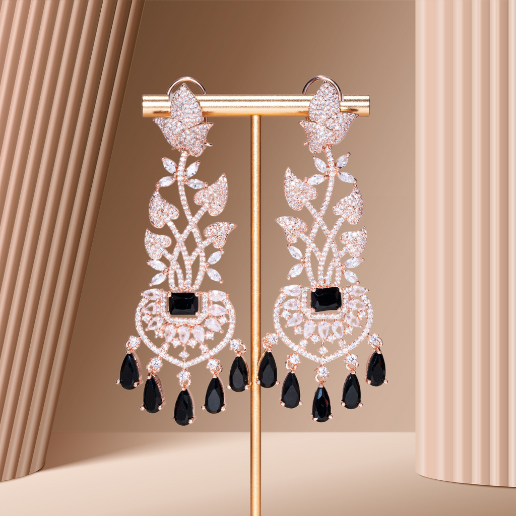 Victoria Statement Earrings Black Onyx Rose Gold- Jaipur Rose Modern Luxury Designer Indian Jewelry - Jaipur Rose