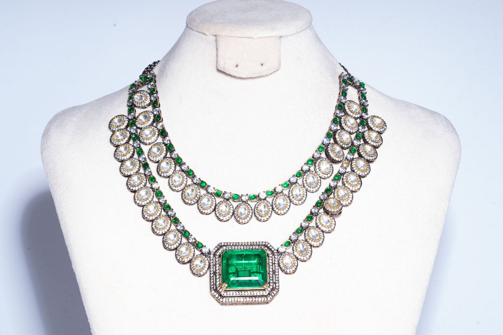 Ezna Statement Modern Emerald Doublet Necklace & Earring Set By Jaipur Rose Luxury Indian Jewelry Online - Jaipur Rose