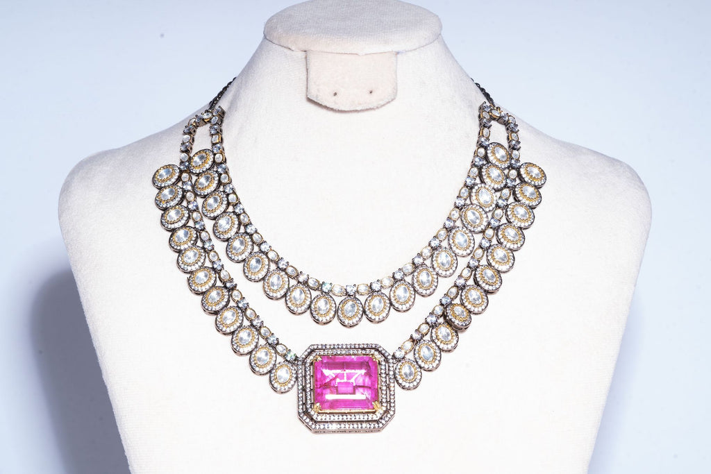 Ezna Statement Modern Rani Pink Doublet Necklace & Earring Set By Jaipur Rose Luxury Indian Jewelry Online - Jaipur Rose
