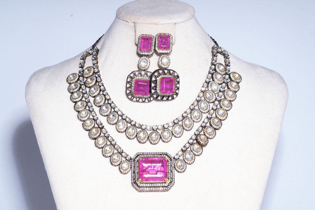 Ezna Statement Modern Rani Pink Doublet Necklace & Earring Set By Jaipur Rose Luxury Indian Jewelry Online - Jaipur Rose