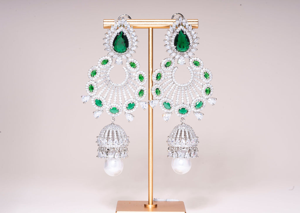 Alara Emerald Green & White Gold Statement Indian Jewelry Earrings Rose Gold - Jaipur Rose Modern Luxury Designer Indian Jewelry - Jaipur Rose
