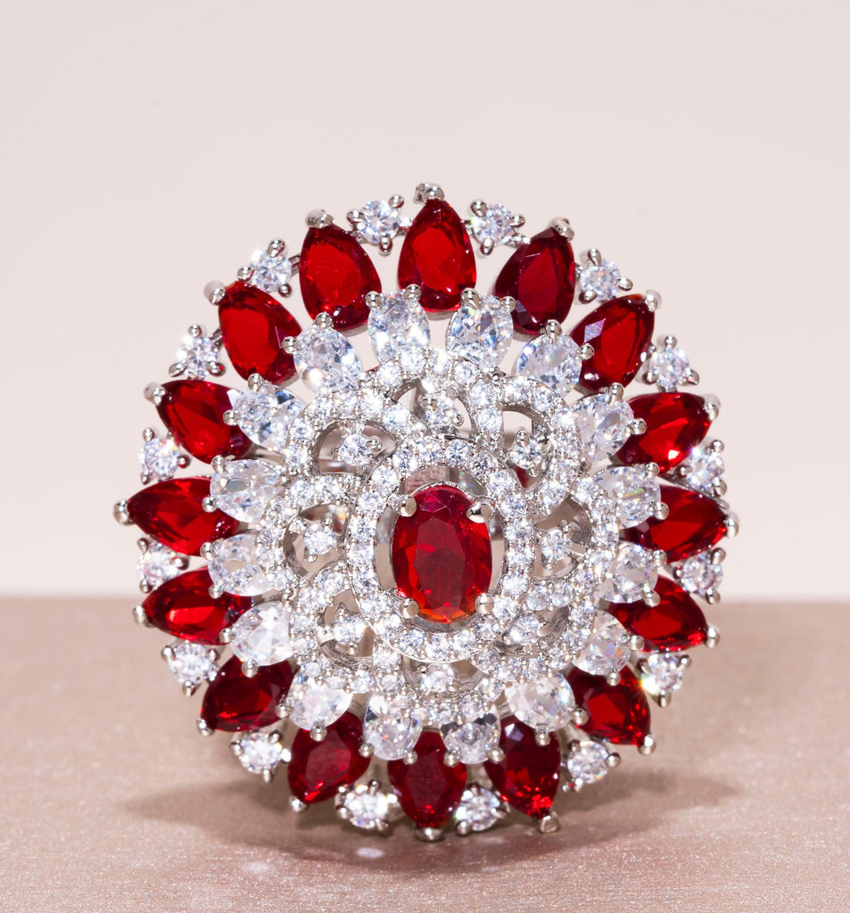 Aya White Gold & Ruby Indian Jewelry Cocktail Ring by Jaipur Rose - Jaipur Rose