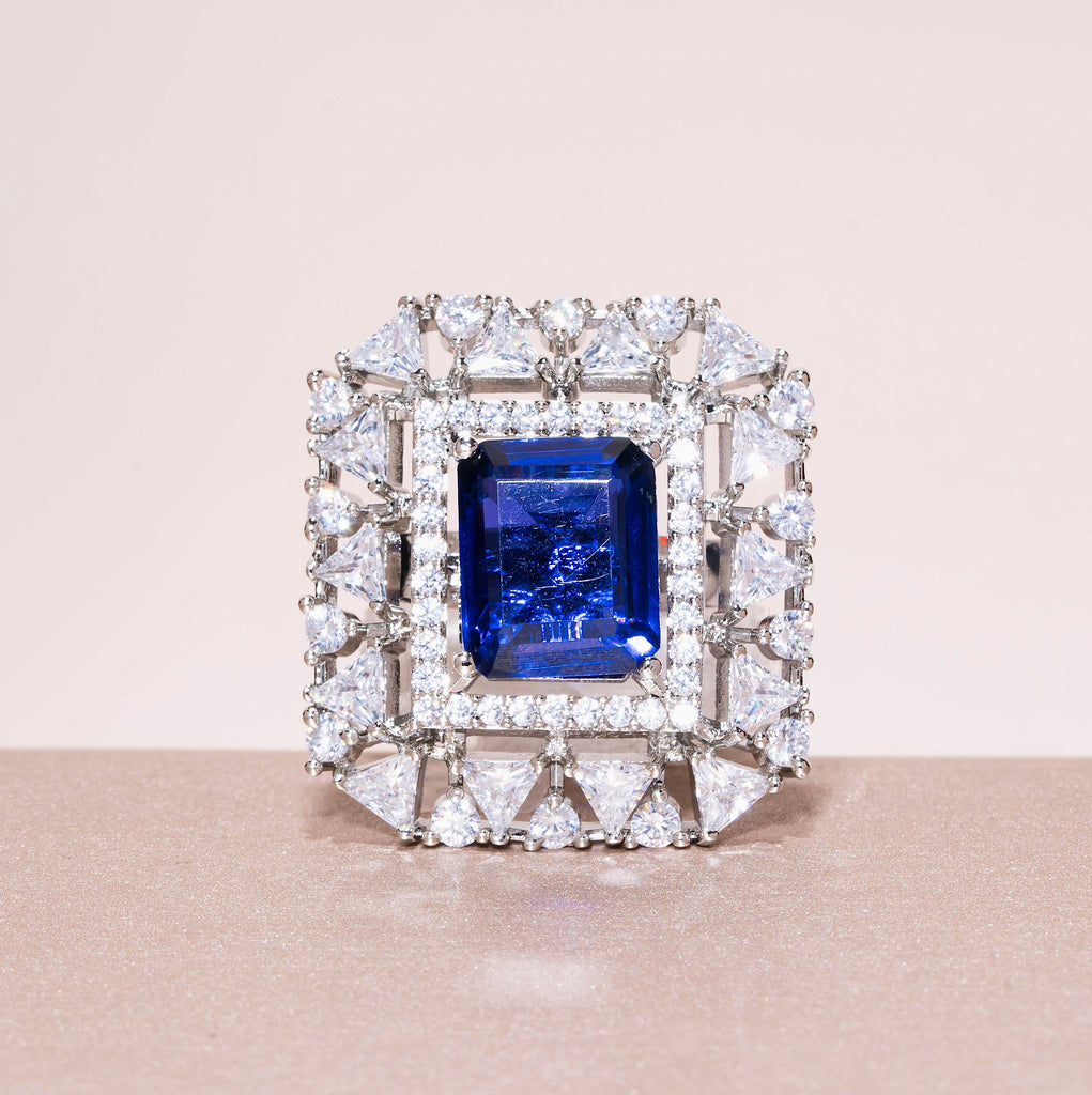 Aria Doublet Sapphire Blue White Gold Indian Jewelry Cocktail Ring by Jaipur Rose - Jaipur Rose