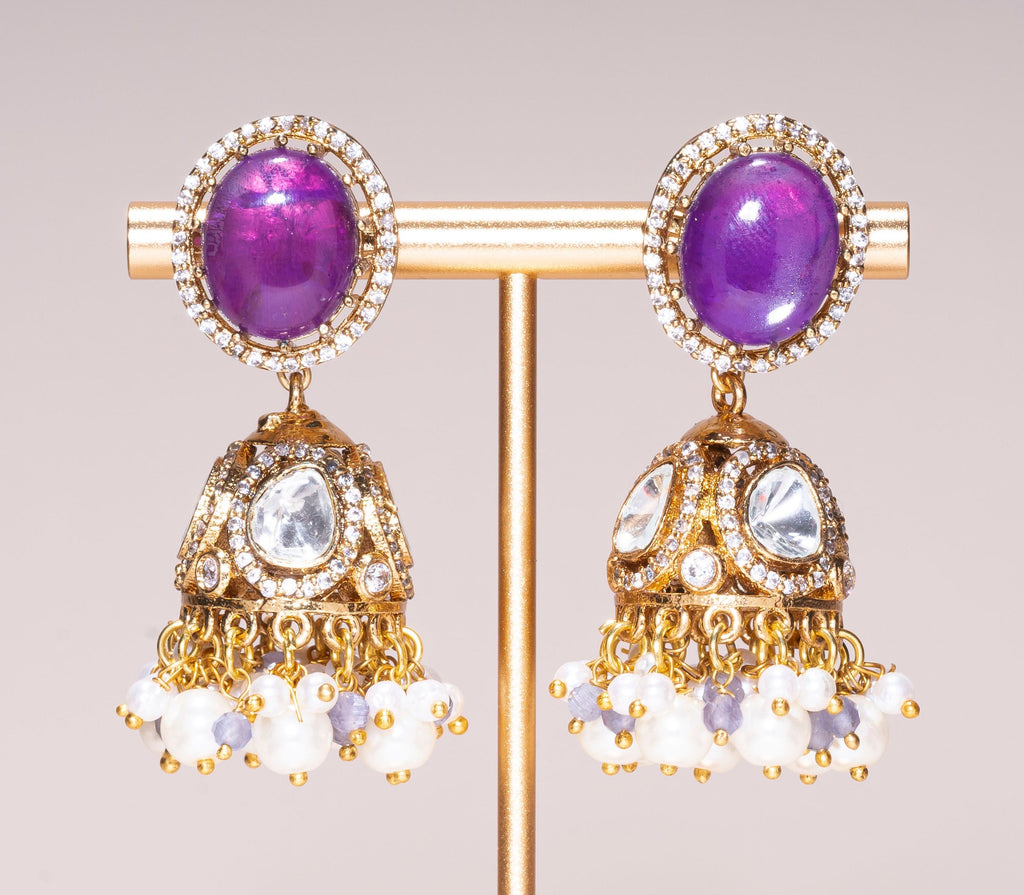 Rani Purple Yellow Gold Statement Jhumkas Moissanite Indian Jewelry Earrings - Jaipur Rose Modern Luxury Designer Indian Jewelry - Jaipur Rose