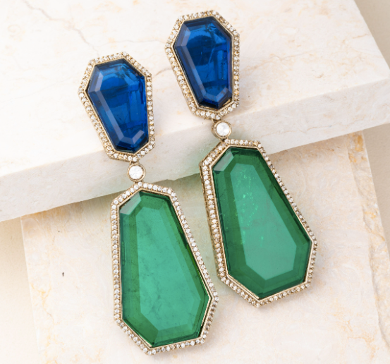 Luna Blue & Green Turkish Statement Doublet Earrings Jaipur Rose Designer Indian Jewelry Online - Jaipur Rose