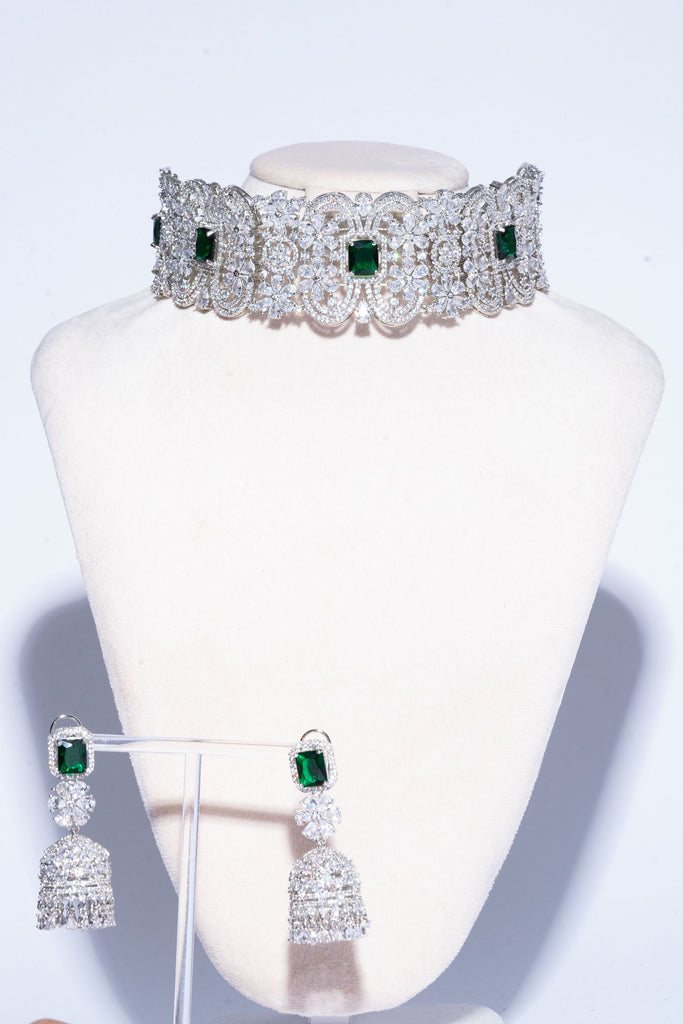 Cerise White Gold and Emerald Choker and Jhumka Earring Set By Jaipur Rose Designer Modern Indian Jewelry - Jaipur Rose