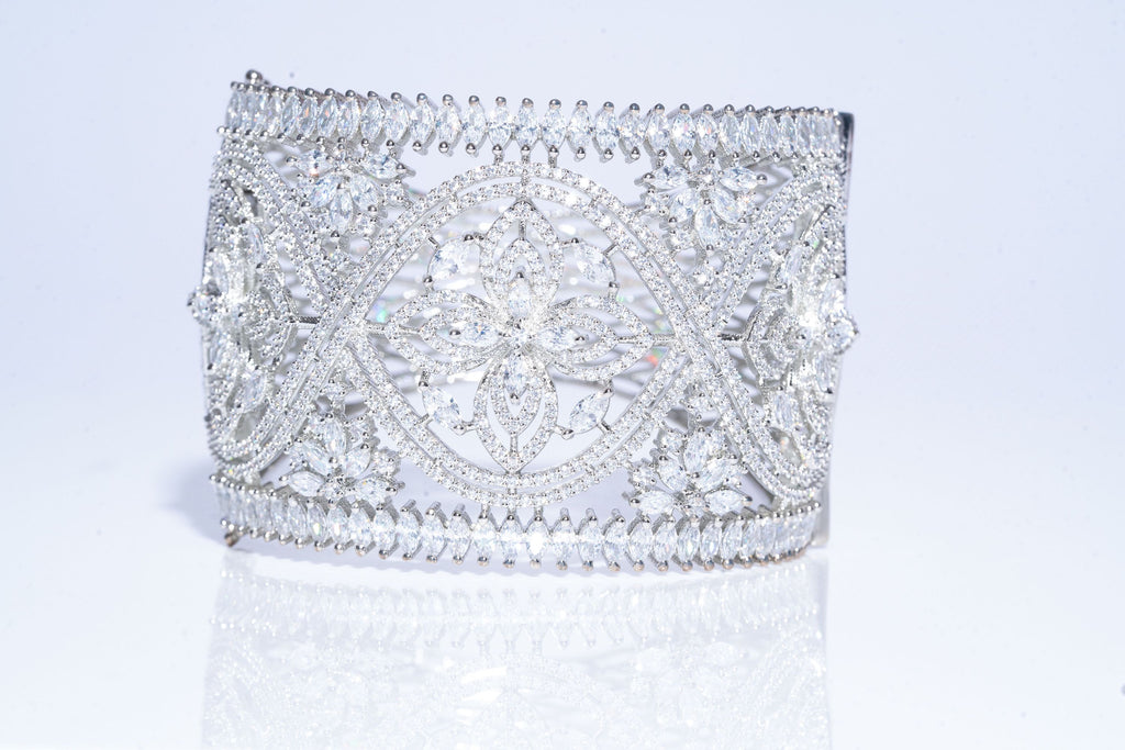 Caprice Statement Cuff Bracelet White Gold By Jaipur Rose Designer Indian Jewelry - Jaipur Rose