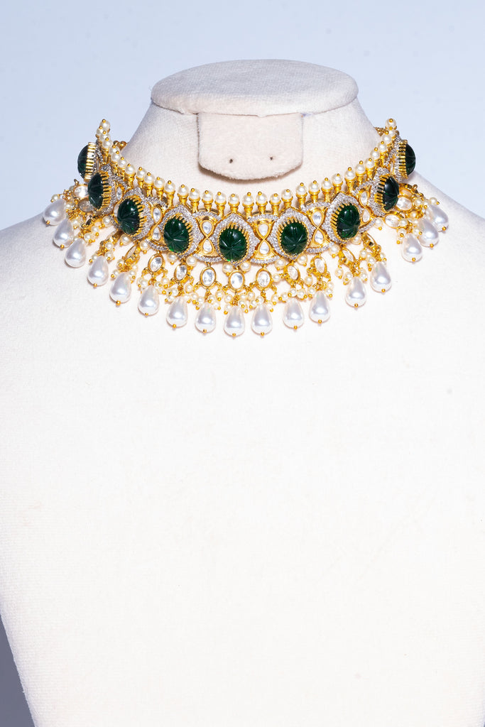 Seira Emerald Green Choker Necklace & Earring Set By Jaipur Rose Luxury Indian Jewelry Online - Jaipur Rose