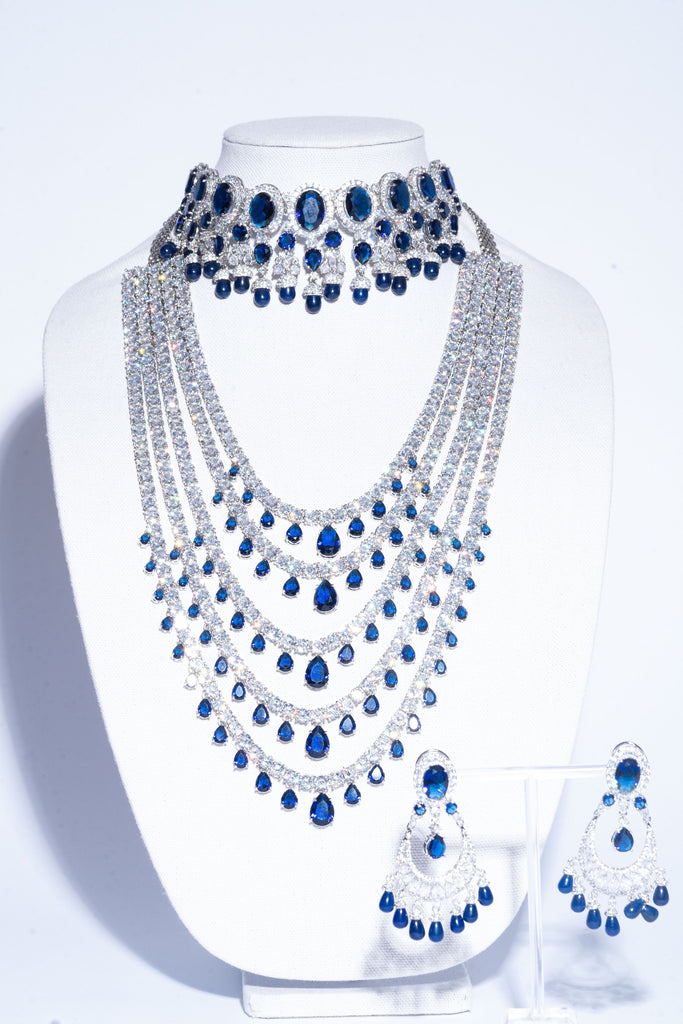 Shivanne Sapphire Blue White Gold Designer Necklace & Earring Set by Jaipur Rose Designer Indian Jewelry - Jaipur Rose