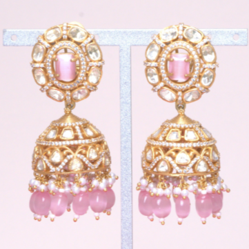 Aishwarya Yellow Gold Statement Jhumkas Pink Jaipur Rose Designer Indian Jewelry - Jaipur Rose