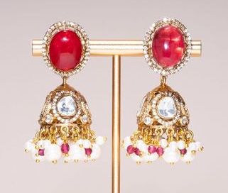 Rani Red Yellow Gold Statement Jhumkas Moissanite Indian Jewelry Earrings - Jaipur Rose Modern Luxury Designer Indian Jewelry - Jaipur Rose