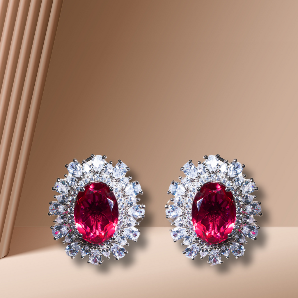Nouf Ruby Red White Gold Statement Studs Indian Jewelry by Jaipur Rose - Jaipur Rose