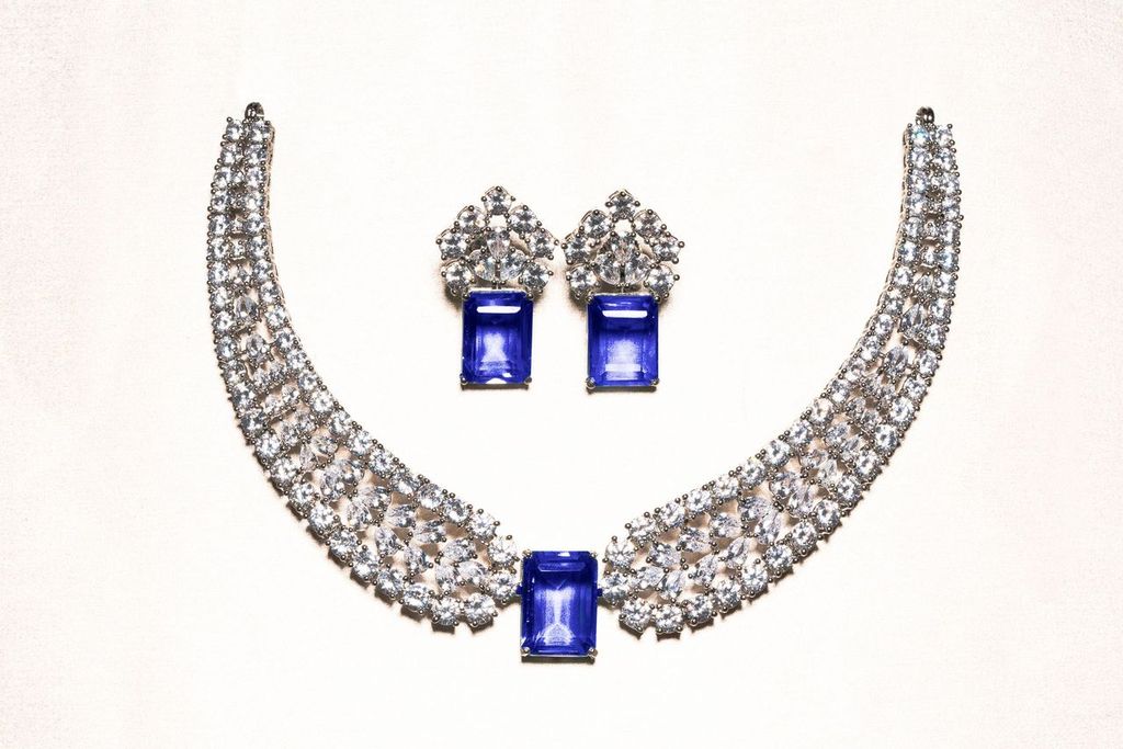 Saamia Blue Sapphire White Gold Luxury Necklace & Earring Set By Jaipur Rose Luxury Indian Jewelry Onli - Jaipur Rose
