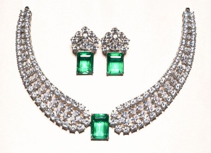 Saamia Emerald Green White Gold Luxury Necklace & Earring Set By Jaipur Rose Luxury Indian Jewelry Onli - Jaipur Rose