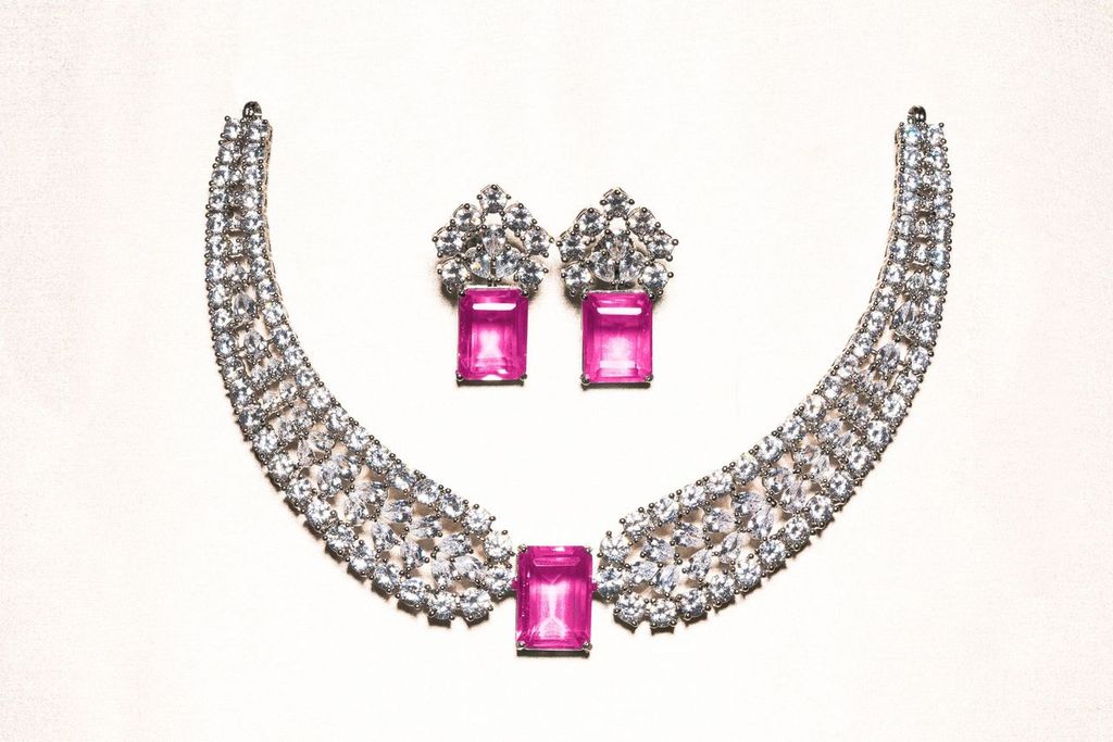Saamia Pink White Gold Luxury Necklace & Earring Set By Jaipur Rose Luxury Indian Jewelry Onli - Jaipur Rose