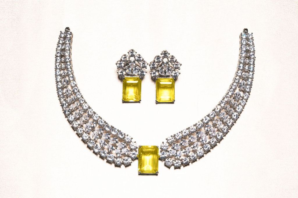 Saamia Yellow Citrine White Gold Luxury Necklace & Earring Set By Jaipur Rose Luxury Indian Jewelry Onli - Jaipur Rose