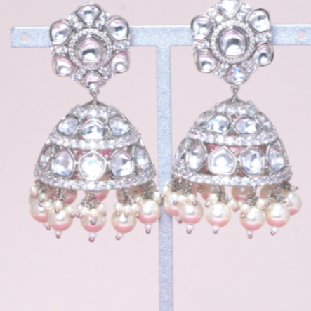 Kalki Moissanite Jhumkas White Gold Silver Jaipur Rose Designer Indian Jewelry - Jaipur Rose