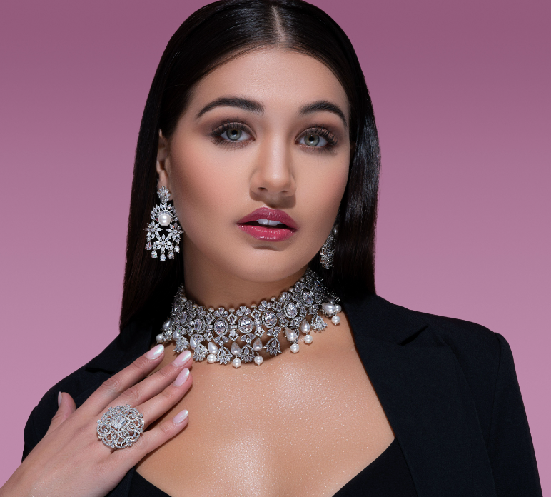 Aarani Pearl & Crystal White Gold Luxury Necklace & Earring Set By Jaipur Rose Luxury Indian Jewelry Online