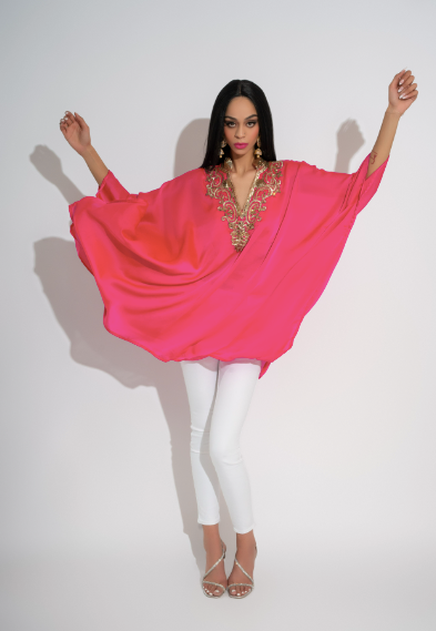 Aiza Maharani Magenta Pink Luxury Silk Kaftan Handcrafted with Crystal and Sequin Detailing by Jaipur Rose - Jaipur Rose