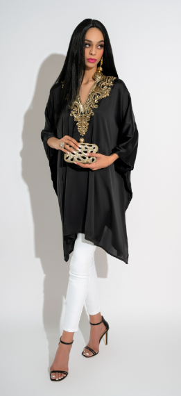Aiza Midnight Majesty Black Luxury Silk Kaftan Handcrafted with Crystal and Sequin Detailing by Jaipur Rose - Jaipur Rose