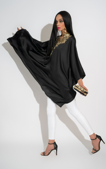 Aiza Midnight Majesty Black Luxury Silk Kaftan Handcrafted with Crystal and Sequin Detailing by Jaipur Rose - Jaipur Rose