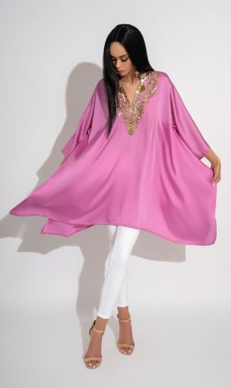 Aiza Mystic Mauve Pink Luxury Silk Kaftan Handcrafted with Crystal and Sequin Detailing by Jaipur Rose - Jaipur Rose