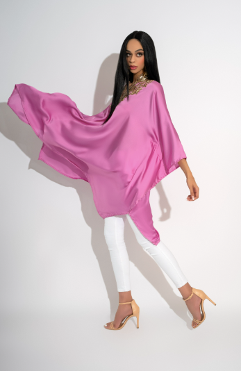 Aiza Mystic Mauve Pink Luxury Silk Kaftan Handcrafted with Crystal and Sequin Detailing by Jaipur Rose - Jaipur Rose