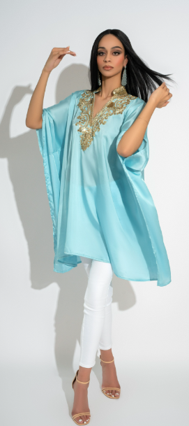 Aiza Rajasthan Turquoise Blue Luxury Silk Kaftan Handcrafted with Crystal and Sequin Detailing by Jaipur Rose - Jaipur Rose