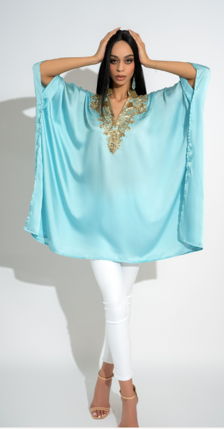 Aiza Rajasthan Turquoise Blue Luxury Silk Kaftan Handcrafted with Crystal and Sequin Detailing by Jaipur Rose - Jaipur Rose