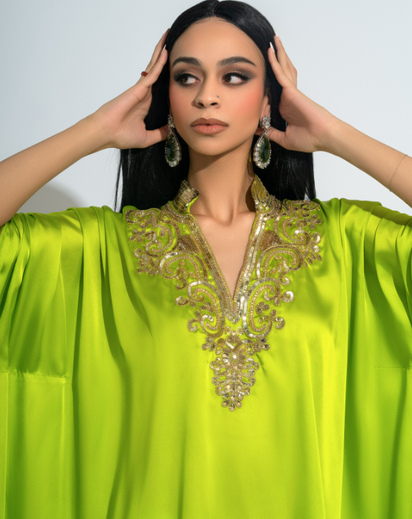 Aiza Verbana Lime Green Luxury Silk Kaftan Handcrafted with Crystal and Sequin Detailing by Jaipur Rose - Jaipur Rose