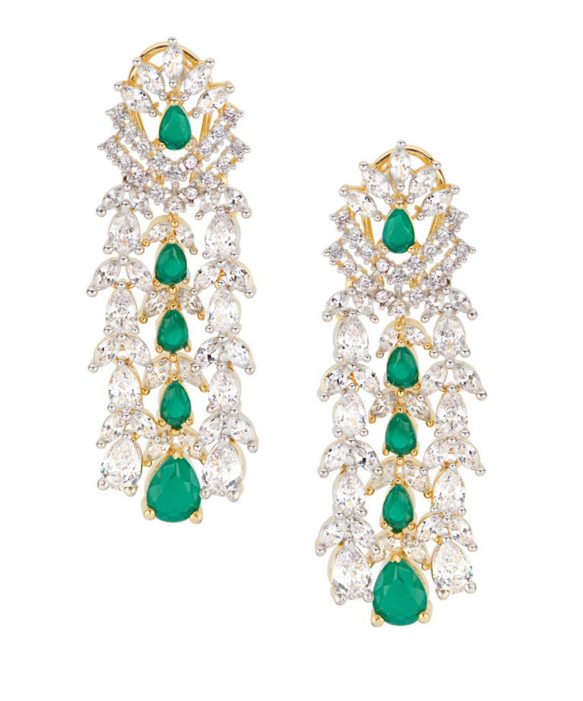 Ava Emerald Green Waterfall Drop Statement Earrings Jaipur Rose Gold Plated Indian Jewelry - Jaipur Rose