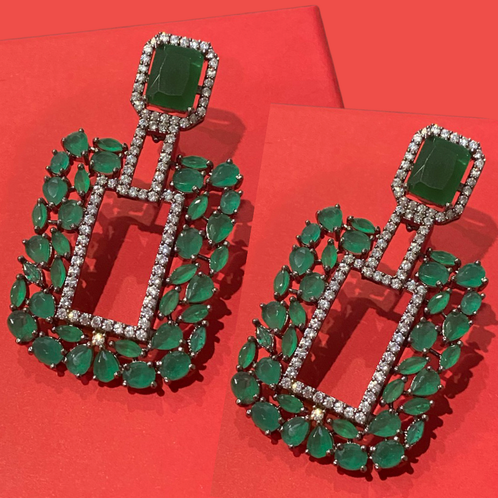 Paulina Statement Earrings- Emerald - Jaipur Rose Gold Plated Luxury Designer Indian Jewelry - Jaipur Rose