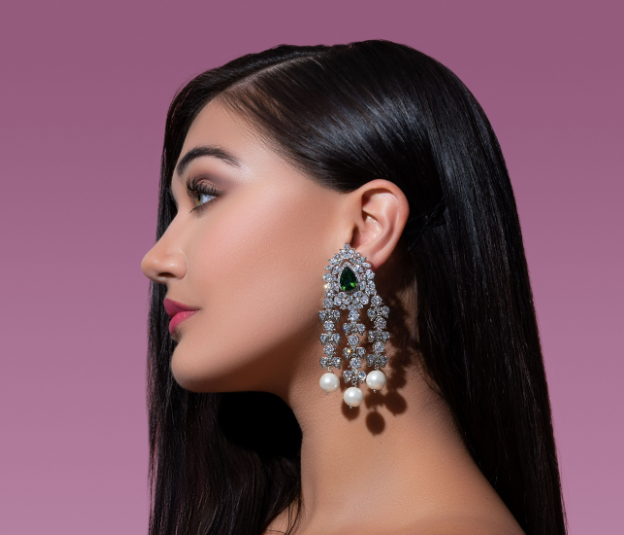 Dia Statement Waterfall Pearl Earrings Emerald By Jaipur Rose Luxury Indian Jewelry Online - Jaipur Rose