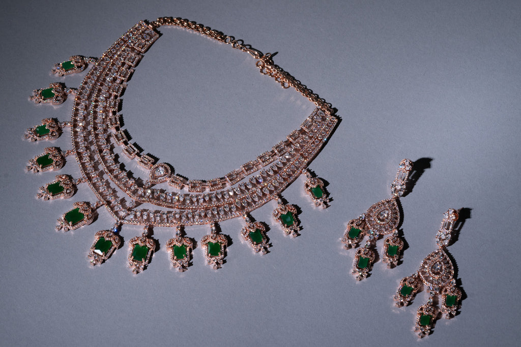Grace Emerald Green Chandelier Statement Necklace Set Designer Rose Gold Plated Fashion Jewelry by Jaipur Rose Indian Jewelry Online - Jaipur Rose