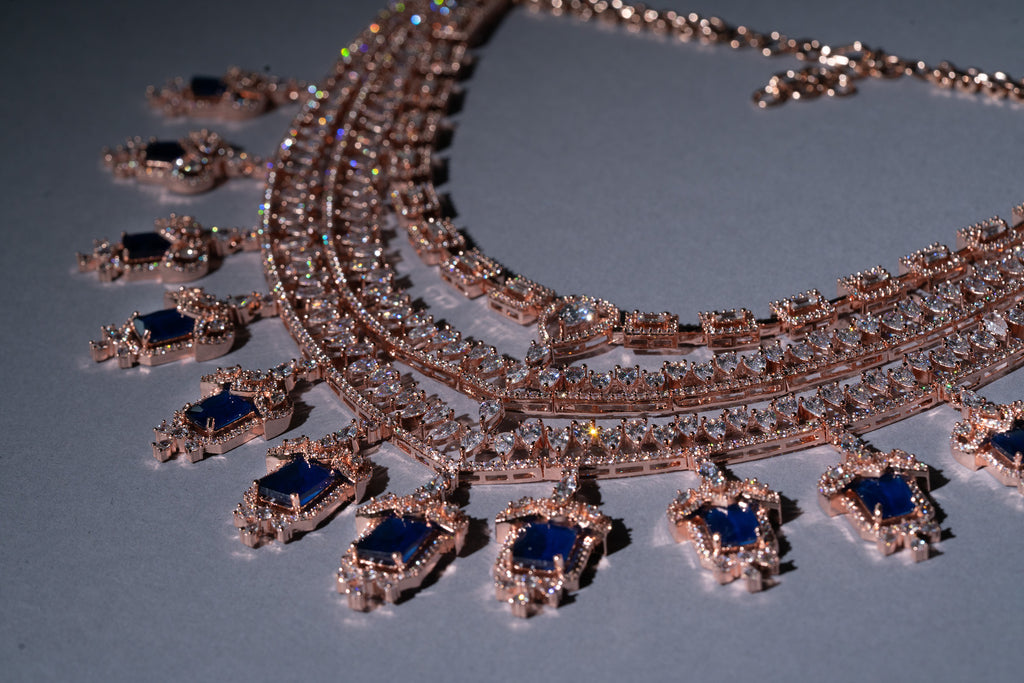 Grace Sapphire Blue Chandelier Statement Necklace Set Designer Rose Gold Plated Fashion Jewelry by Jaipur Rose Indian Jewelry Online - Jaipur Rose