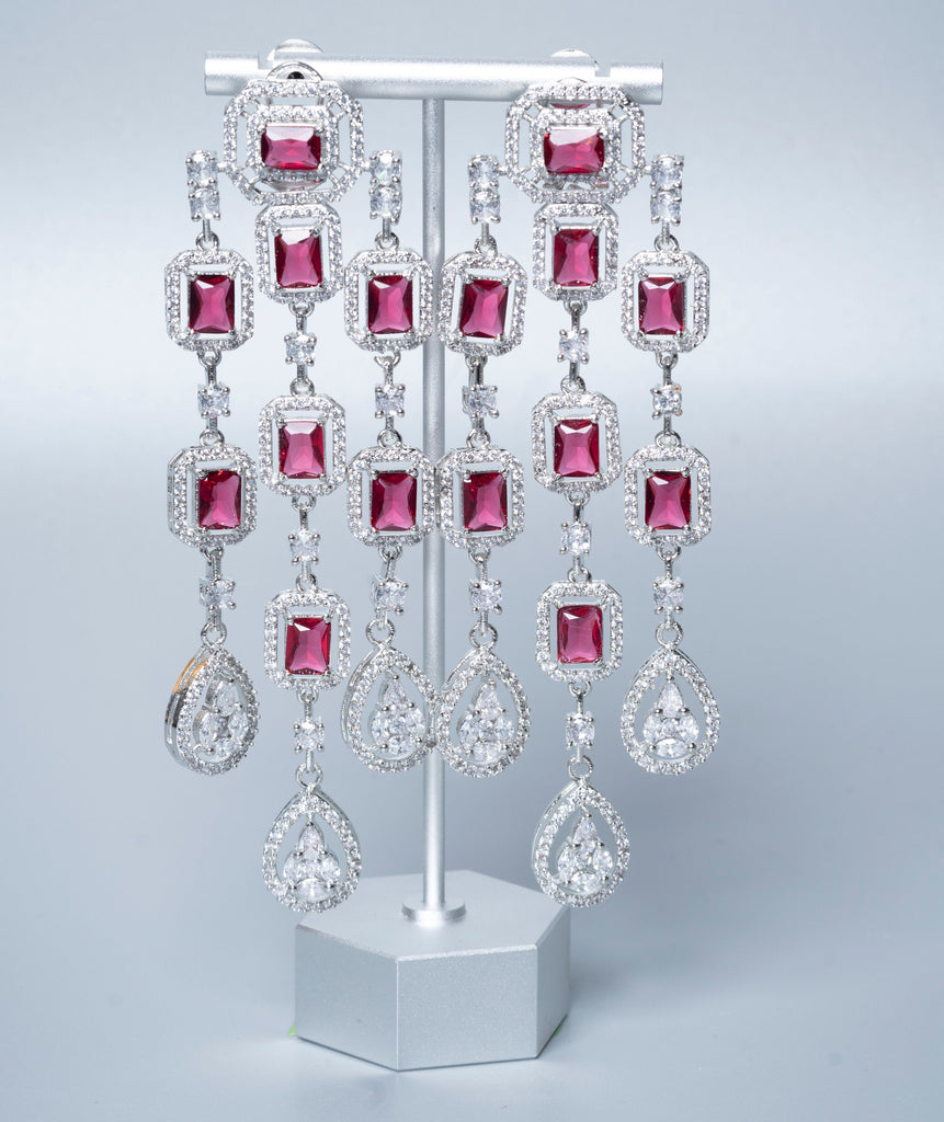 Mei-Lin Statement Chandelier Earrings Ruby Red White Gold By Jaipur Rose Luxury Indian Jewelry Online - Jaipur Rose