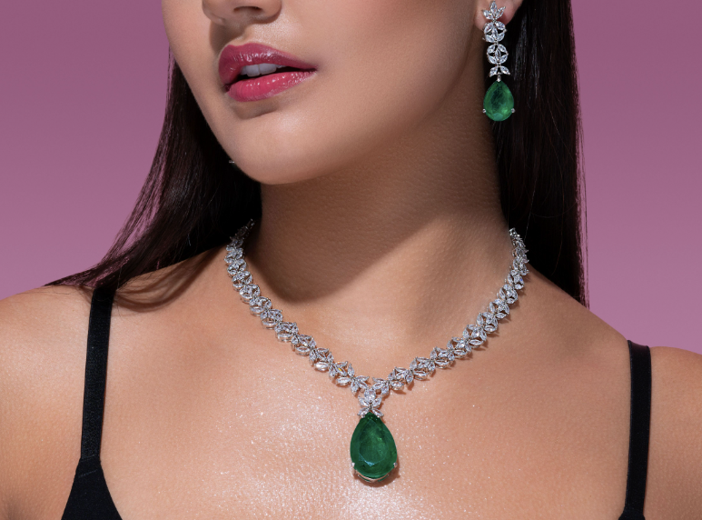 Daria Emerald Green Modern Necklace & Earring Set by Jaipur Rose Designer Indian Jewelry - Jaipur Rose