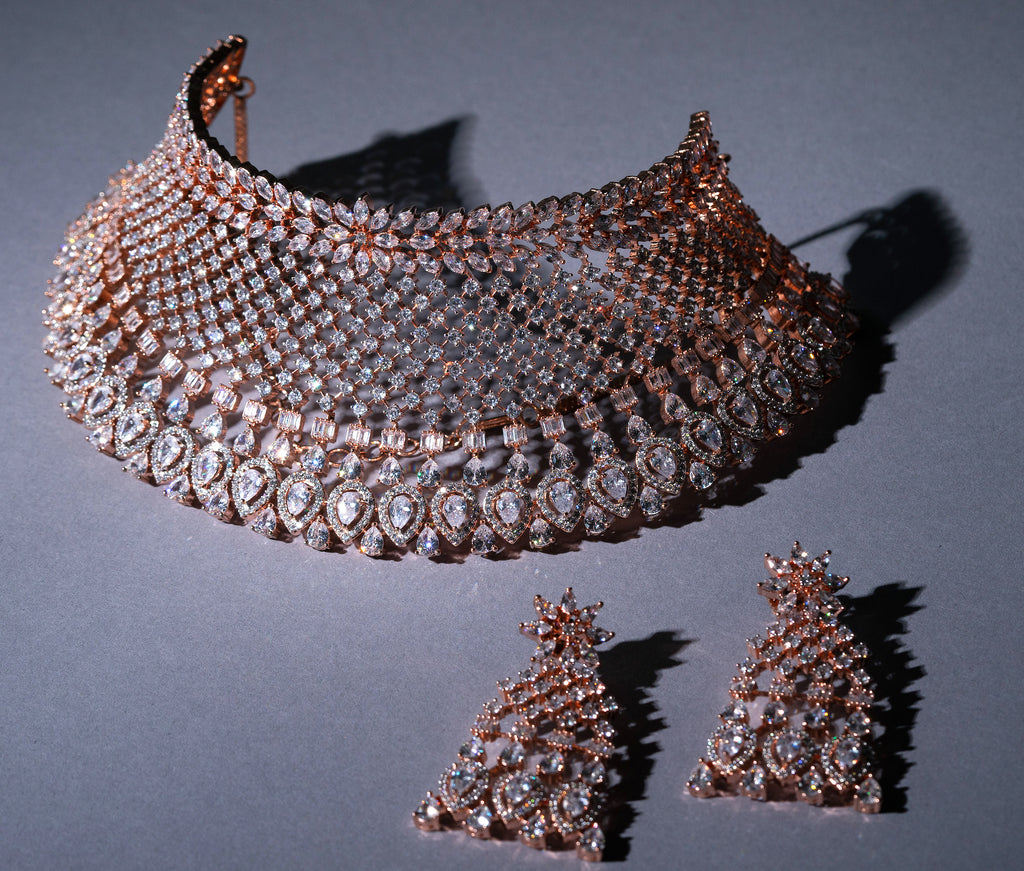 Marysol Rose Gold Necklace & Earring Bridal Set By Jaipur Rose Luxury Jewelry - Jaipur Rose