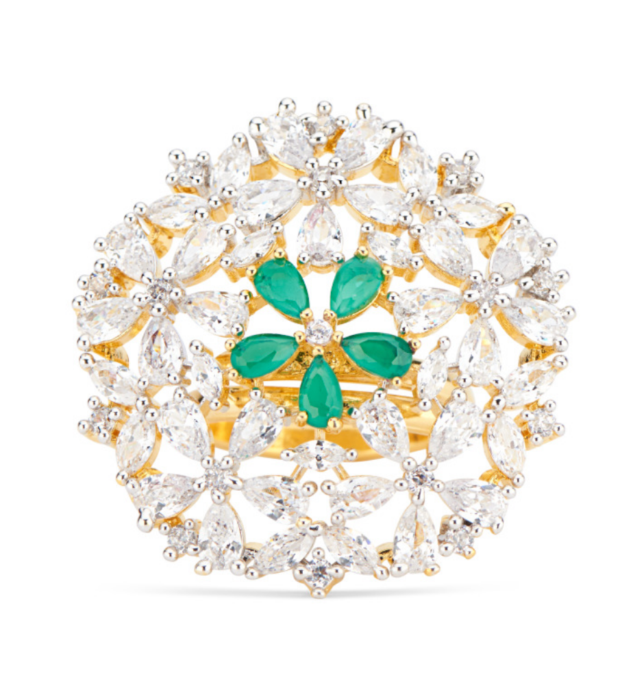 
Inspired by our love for florals our Jasmine ring is feminine and utterly stunning. Let it add radiance to every outfit. 

Made with Cubic Zirconia
Gold Plated BrasJaipur RoseJaipur RoseringJasmine Floral Statement Ring With Green Stones by Jaipur Rose Designe