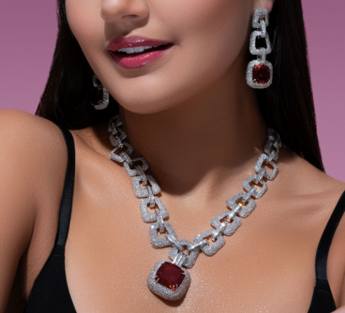 Jenna Ruby Red Crystal Chain Necklace Set Designer Gold Plated Fashion Jewelry by Jaipur Rose Indian Jewelry Online - Jaipur Rose