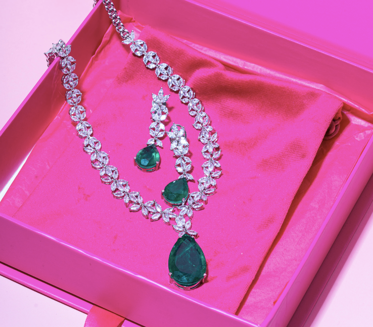 Daria Emerald Green Modern Necklace & Earring Set by Jaipur Rose Designer Indian Jewelry - Jaipur Rose