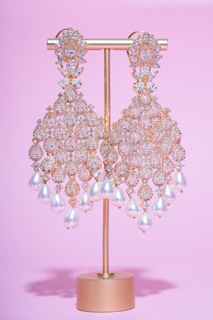 Sania Yellow Gold Pearl & Crystal Jaipur Rose Gold Plated Luxury Designer Indian Jewelry - Jaipur Rose