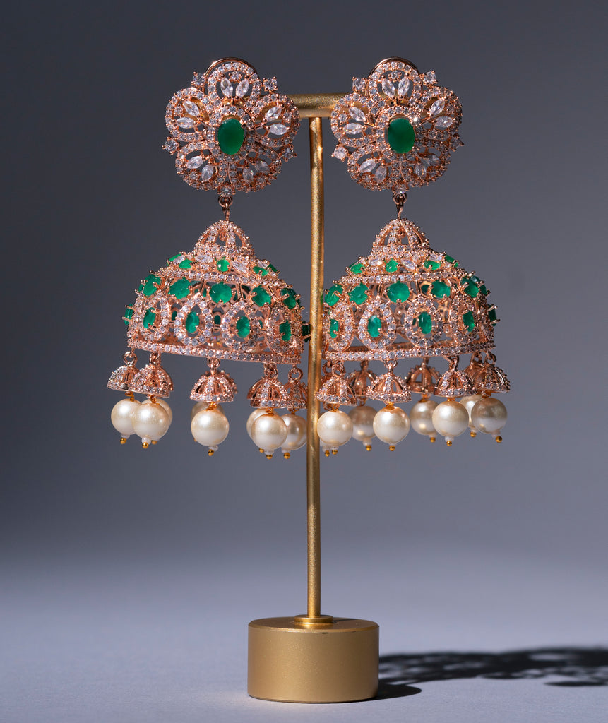 Madhuri Jhumka Earrings Rose Gold  & Emerald by Jaipur Rose Luxury Designer Jewelry - Jaipur Rose