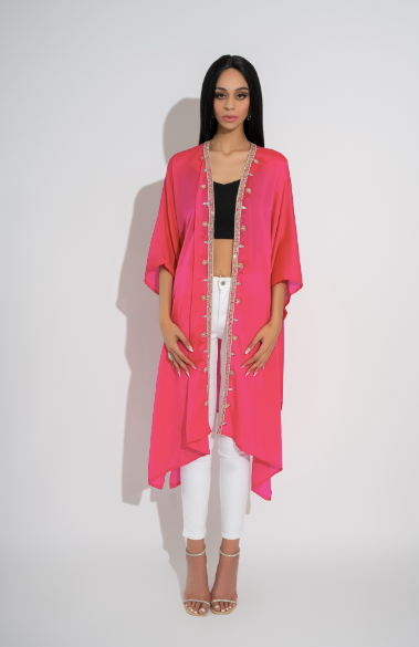 Rhea Maharani Magenta Pink Luxury Silk Open Jacket Kaftan Handcrafted with Crystal and Sequin Detailing by Jaipur Rose - Jaipur Rose