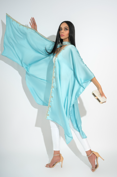 Rhea Rajasthan Turquoise Blue Luxury Silk Open Jacket Kaftan Handcrafted with Crystal and Sequin Detailing by Jaipur Rose - Jaipur Rose