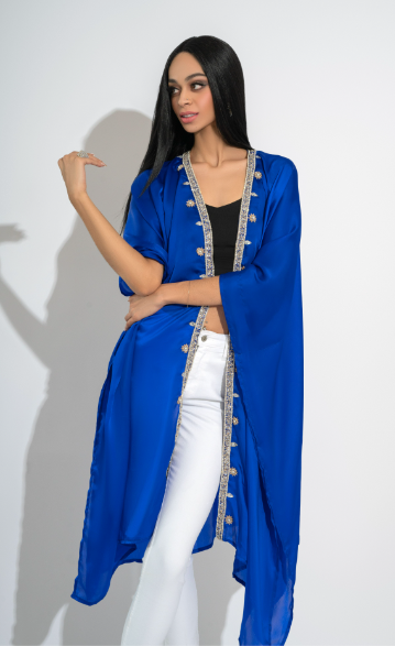 Rhea Royal Navy Blue Luxury Silk Open Jacket Kaftan Handcrafted with Crystal and Sequin Detailing by Jaipur Rose - Jaipur Rose