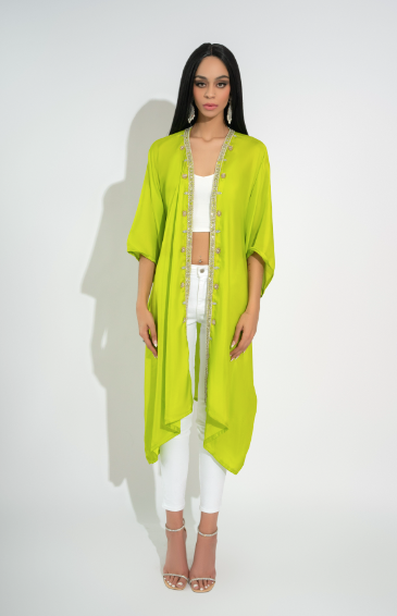 Rhea Verbana Lime Green Luxury Silk Open Jacket Kaftan Handcrafted with Crystal and Sequin Detailing by Jaipur Rose - Jaipur Rose