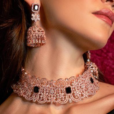 Cerise Rose Gold and Onyx Choker and Jhumka Earring Set By Jaipur Rose Designer Modern Indian Jewelry - Jaipur Rose